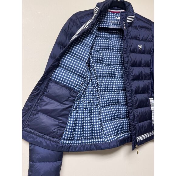 ARIAT Navy/White Packable Down Zip Front Jacket, Gingham Lining, Sz S - Picture 7 of 13